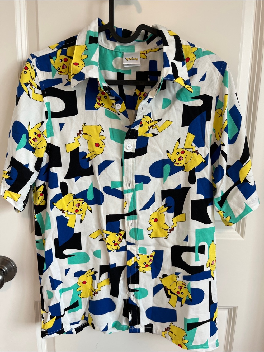 Pokemon Pikachu Short-Sleeve Button-Down Shirt - White/Yellow/Blue/Teal/Black